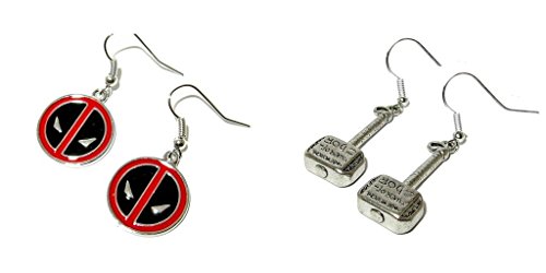 Deadpool Logo and Thor Hammer with Writing Dangle Earrings w/Gift Box