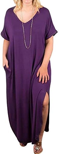 Women's Plus Size Maxi Dresses Short Sleeve Casual Summer Split T Shirt Long Dress with Pockets