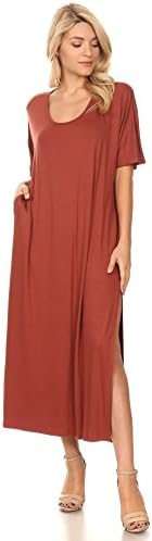 WFFS Women's Casual Short Sleeve Side Split Maxi Dresses with Pockets(DWMM001) (Small, Tobaco)