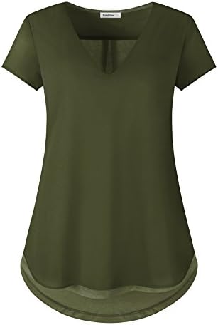 Dimildm Womens Blouses, V Neck Short Sleeve Chiffon Patchwork Knit Shirts Double Layers Casual Offic Tops (Army Green,XL)