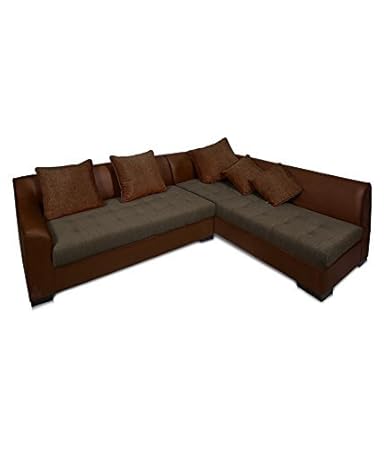 Three+ Brown Sal Wood Leatherette 5 Seater L-Shaped Sofa Set for Living Room
