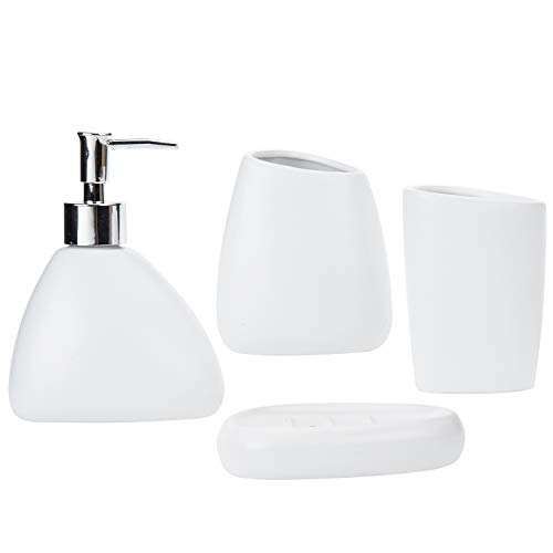 MyGift 4 Piece Modern White Ceramic Bathroom Accessory Set Includes