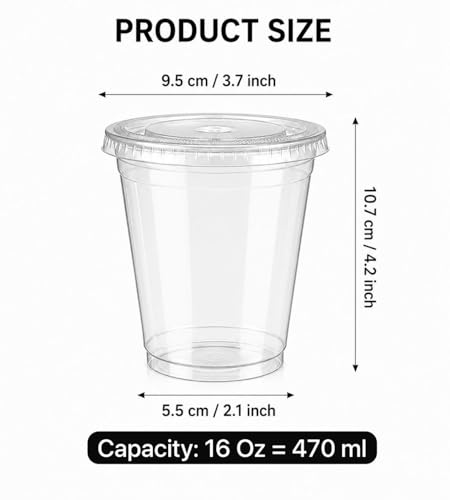 Disposable plastic glass 100 Pack 16 oz Plastic Iced Coffee Cups with Flat Lids and Straws, Disposable Clear Cup, BPA Free Cup for Party, Smoothie, Cold Drinks, Juice, Milkshake, Tea