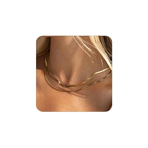 MUMREUES Gold Necklace for Women 14K Gold Necklace Herringbone Snake Necklace Box Chain Necklace Dainty Layered Choker Necklaces