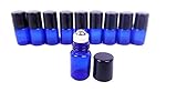 Got Oils® Pack OF 10 BLUE 5/8 DRAM GLASS SAMPLE ROLLER VIALS WITH STAINLESS STEEL ROLLER TOPS AND BLACK CAP