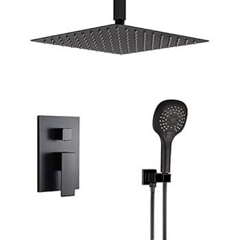 POP 12 Inch Black Shower System Ceiling Mount Bathroom Luxury Rain Mixer Shower Combo Set, Shower Faucet Set with Ceiling Rainfall Shower Head (Contain Shower Faucet Rough-In Valve Body and Trim)