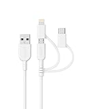 Anker Powerline II 3-in-1 Cable, Lightning/Type C/Micro USB Cable for iPhone, iPad, Huawei, HTC, LG, Samsung Galaxy, Sony Xperia, Android Smartphones, and More(3ft, White)
