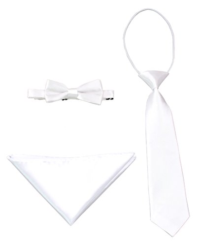 GUCHOL Bow Tie Pocket Cloth Necktie 3 Style Set Solid Adjustable Size Boys Collection (White)