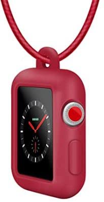 Makzib Genuine Leather Necklace Pendant Strap Replacement Silicone Protector Cases Cover for Apple Watch Series SE/7/6/5/4/3/2/1 (38/40/41mm, Red)