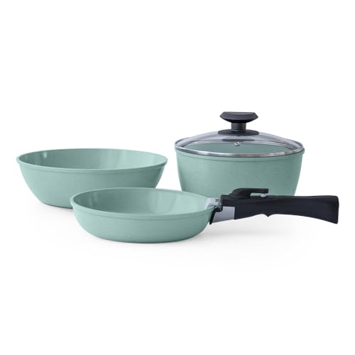 JadeCook Batería de Cocina Jade Smart Antiadherente de 10 piezas con Utensilios, Mango Desmontable Multipropósito con 6 Capas de Recubrimiento Antiadherente 100% libre de tóxicos