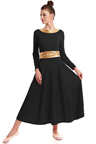 HIHCBF Women Long Sleeve Praise Dress Liturgical Metallic Waistband Full Length Wide Swing Loose Fit Worship Dancewear Black XL - Thumbnail 7