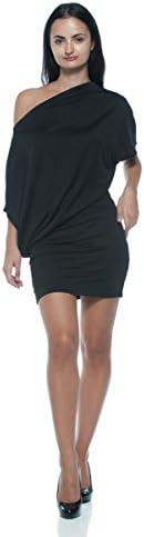 Women's Black Asymmetrical Bateau Boat Neck Modern Off Cold Shoulder Mini Dress (Medium)