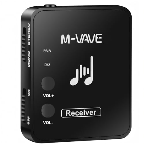 M-VAVE Receptor de Áudio Sem Fio para Monitor de Ouvido Profissional, Transmissão 2.4GHz Som sem Perdas 24bit/48KHz, Alcance de 30 Metros, Bateria de 7 Horas, Modo Mono/Stereo, Controle de Volume