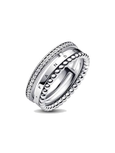 Signature Anillo con engaste pavé, cuentas y logotipo de plata de ley con circonitas cúbicas transparentes, talla 48