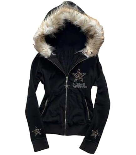 Amazon.com: Hesaco Y2k Zip Up Hoodie Fur Hooded Jacket Graphic