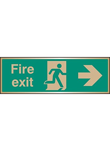Caledonia Signs 59517 Fire Exit Arrow Right Brass Label, 300 mm x 100 mm