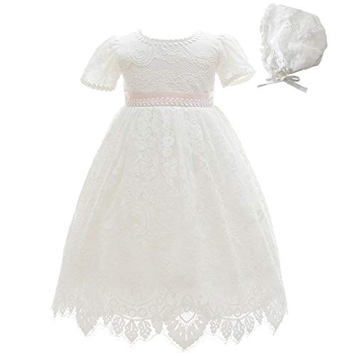 Meiqiduo Baby Girls Lace Dress Christening Baptism Gowns Outfit with Bonnet (6M/6-12 Months, Ivory)