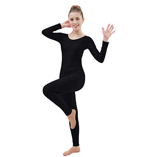 Ensnovo Womens Spandex Bodysuit Long Sleeve Scoop Neckline Footless Unitard Black,L