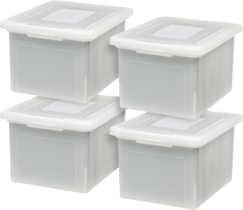 IRIS USA Caja de Archivo de Plástico para Almacenamiento de Tamaño Legal y Carta con Tapa Duradera y Cierre de Seguridad, Archivero Apilable y Encajable, Paquete de 4, Perla