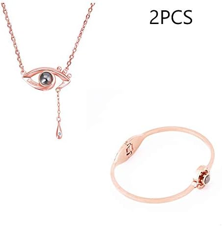 Love Memory Stainless Steel Bracelet and Necklace Set,Projection 100 Languages of I Love You Bangle Bracelets and Necklace, Gifts for Girls Women