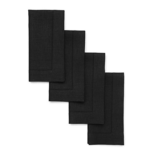 Solino Home Linen Dinner Napkins 20 x 20 Inch – Classic Hemstitch Black Napkins Set of 4 – 100% Pure Linen Napkins for Fall, Halloween, Thanksgiving, Christmas – Handcrafted and Machine Washable