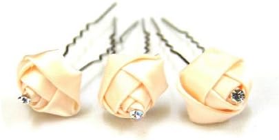 Bridal Wedding Bridesmaid Prom Beautiful Elegant Satin Rosette Crystal Hair Pins Sticks [PACK OF 6] -- PEACH