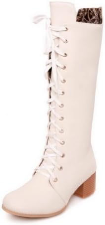 Vouge009 Women's PU Wool Lining Colorant Match Chunky Heels High Boots with Lace-up and Rivets,Beige,32