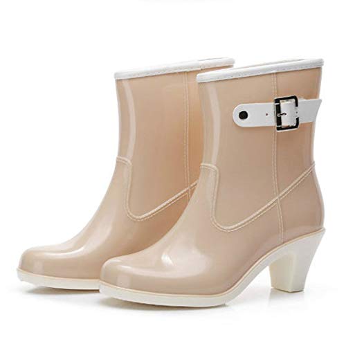 ❤Kauneus❤ Mid Calf Rain Boots for Women Almond Toe Waterproof Non-Slip Low Heel Pumps Ankle Booties Water Shoes Beige