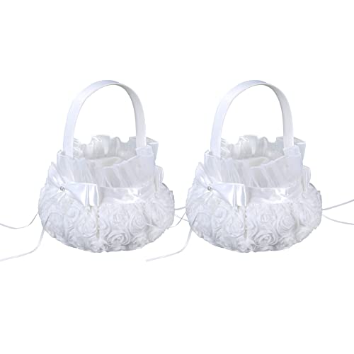 Flower Girl Baskets for Weddings Silk White Wedding Flower Basket with Handle White