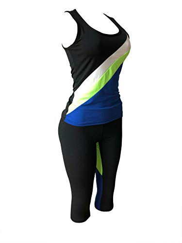 Women's Apparel Sports Gym Yoga Workout Activewear 2 Pieces Top+Leggings Set (L/XL = US Size 8-12, Blue/Green Black Mix) - Thumbnail 6