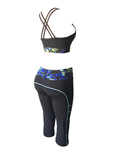 Women Gym Yoga Workout Activewear Sets Unpadded Sports Bra Top + Crop Leggings 2 Pieces Set (M/L, Neon Yellow/Blue Black Mix)