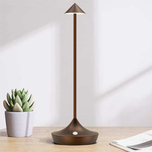Hapfish Wireless Rechargeable LED Table Lamp, 6000 mAh Outdoor Touch Desk Light, Modern Design Metal Table Lamp, Waterproof, Dimmable, for Bedside, Interior, Patio, Restaurant (Brown)