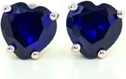 2 Carat Created Blue Sapphire Heart Stud Earrings .925 Sterling Silver Rhodium Finish