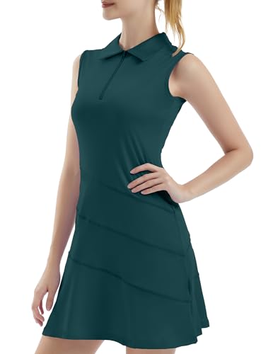 FKEEP Women's Tennis Golf Dresses Zipper V-Neck Sport Activewear with Shorts and Pocket Workout Athletic (Aqua Green, XS)