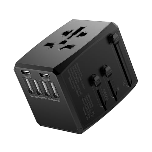 Carregador Universal com Adaptadores de Viagem, Adaptador de Tomada CA com Alimentação Inteligente de 6A 4 Portas USB A e 2 USB Tipo C de 3A para USA EU UK AUS(Bolsa de Viagem Incluída)