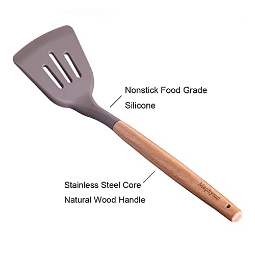 Mapthon Silicone Cooking Kitchen Utensils Set 6 PCS with Wooden Handle for Non-Sticker Cookware Heat-Resistant Kitchen Gadgets Serving Spoons, Slotted Turner, Spatula, Spaghetti Server(Grey)