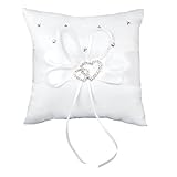 Hosaire Ring Bearer Pillow 4 x 4 inches Bow Rhinestone Double Heart Ring Pillow Wedding Decoration White