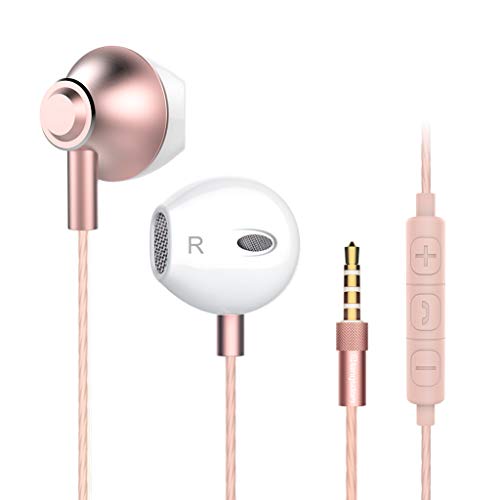 in Ear Earbuds Rose Gold Headphones Earphones Microphone Volume Control Bass Stereo Headset Compatible 3.5 mm Jack Samsung iPhone Android