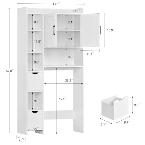 TEENFON Over the Toilet Storage Cabinet with 2 Removable Drawers, Above Toilet Storage Cabinet with 10 Storage Shelves, Taller Wooden Free Standing Bathroom Storage, Laundry Room Storage Shelf, White