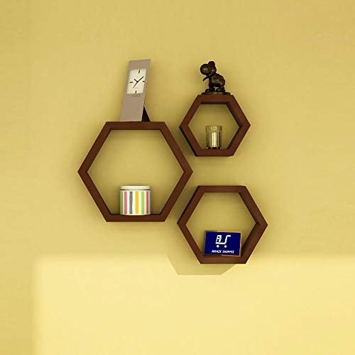 Amaze Shopee Wall Mount Shelves Hexagon Shape Set of 3 Wall Shelves (Brown)