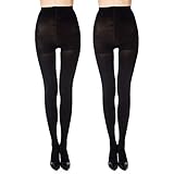 MANZI 2 Pairs Women's Run Resistant Control Top Panty Hose Opaque Tights(Small,Black)