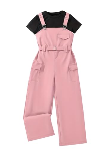 Hilinker Girl's Overalls 2 Piece Outfits Short Sleeve Top and Cargo Jumpsuit Set with Pockets Black Pink 11-12 Year at Amazon