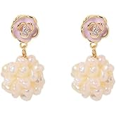 Elegant Pearl Drop Earrings, Gold-Plated Pink Rose Studs with Clustered Pearl Ball, Dangle Fashion Jewelry for Women Handmade Trendy Comfy Boho White baroque Dangle Earrings Engaged Wedding Bridesmaid Hanging Jewelry Gift For Mom