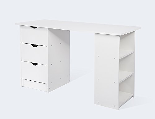 [- Computer Desk with 3 Drawers and 3 Shelves, Home Office PC Table Workstation, White  -]