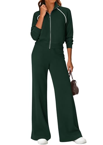 Photo 1 of PRETTYGARDEN Womens 2 Piece Outfits Sweatsuits 2025 Fall Full Zip Sweatshirts Workout Pants Matching Lounge Sets Tracksuits (Dark Green,Medium)