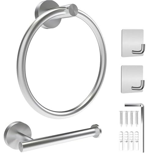 NEWKIBOU Juego de Accesorios de Baño de 2 Piezas Toalleros de Baño de 304 Acero Inoxidable y Soporte de Papel Higiénico Anillo para Toallas de Mano Soporte para Baño y Cocina (Plata)