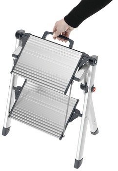 2 Steps Stool by Hafele, with handle, 330 lbs load capacity, heavy duty, folding, silver/black