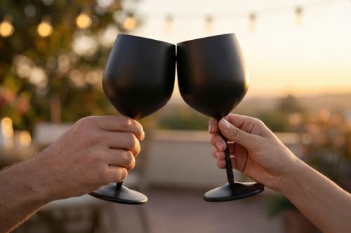 Olyra Home - Set of 2 Matte Black Stainless Steel Wine Glasses (530 ml) | Unbreakable Premium Metal Glasses | Thermal, BPA-Free and Easy to Wash | Ideal for Outdoor, Pool, Terrace and Gift
