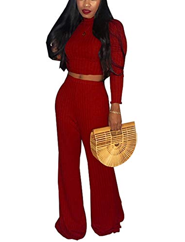 2 Piece Outfits for Women Clubwear - Elegant Slim Long Sleeve Crop Top + High Waist Wide Leg Long Pants Large Wine red