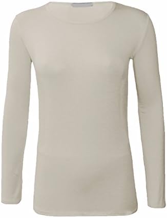 U States Lady Active Basic Athletic Fitted Plain Long Sleeves Round Crew Neck T Shirt Top (Large, Cream)